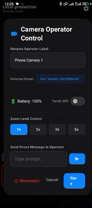 LivCast Camera Operator connection screen