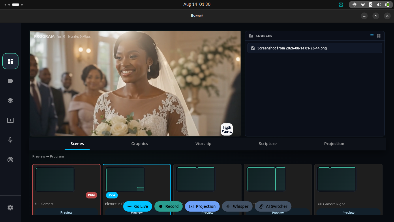 LivCast Studio scenes and live switching workspace